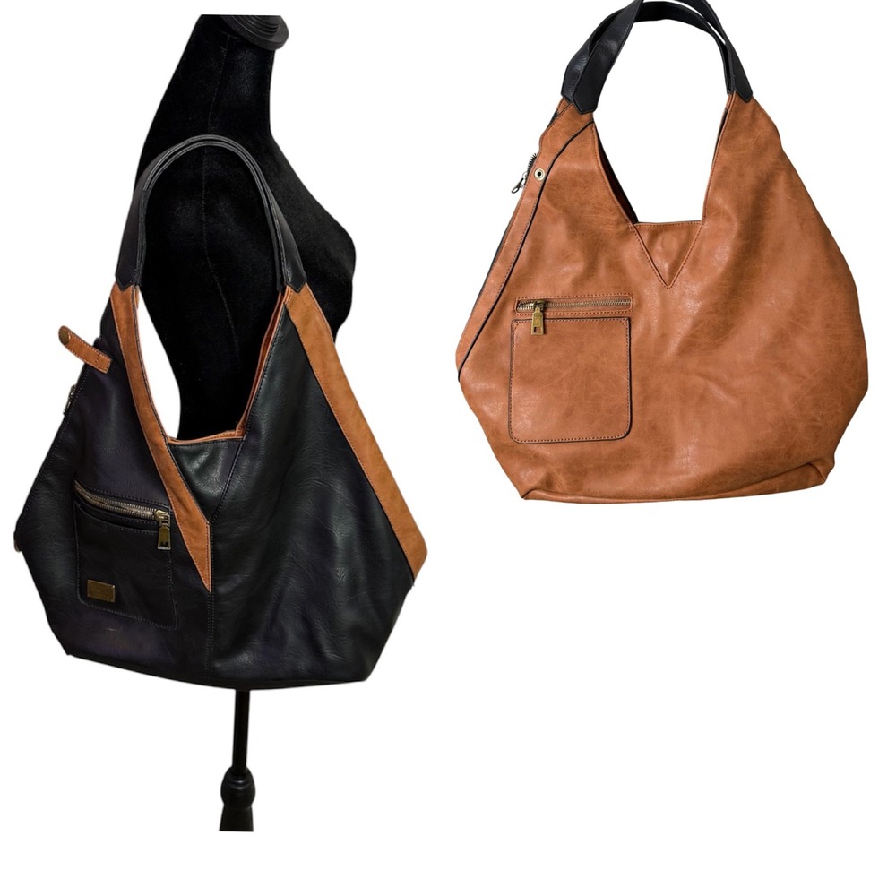 Reversible Vegan Leather Hobo Bag Black Brown Colorblock Slouchy Minimalist BOHO